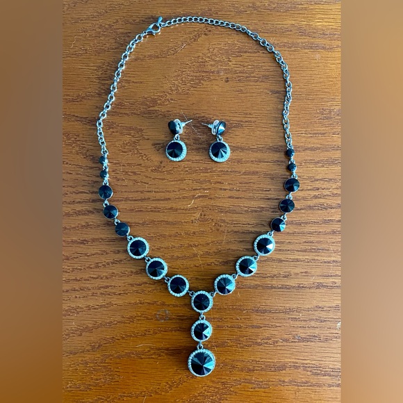 Sophia Collection Rhinestone Drop Necklace and Earrings Set in Black - Picture 2 of 4